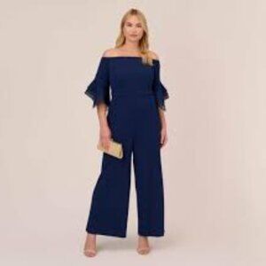 Adrianna Papell navy blue crepe organza cocktail off shoulder jumpsuit size 20W